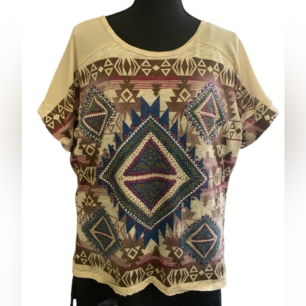 Vocal Embellished Aztec Print T Shirt Blouse Large